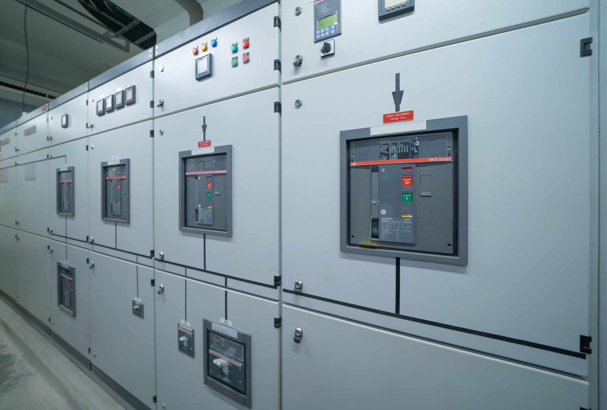 Industrial electric switch panel power plant in industry factory. Switchgear operation control